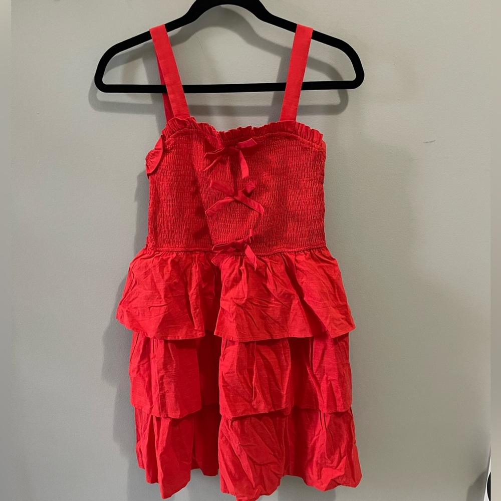 Zesica red Mini Spaghetti Straps Sleeveless Smocked layer Flowy Dress S